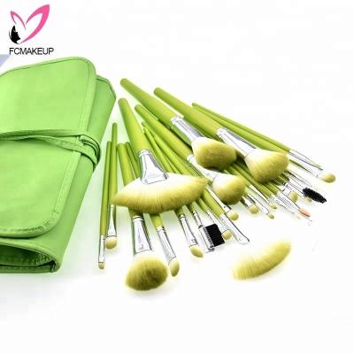 China Angular Blush Amazon Makeup Brush Best Mint Cool Green Hair 24pcs Japanese Synthetic Make Up Brush Cheap With Roll Bag for sale