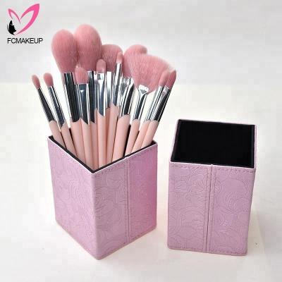 China Angular Blush Lovely Pink Girls 12pcs Makeup Contour Brush Kits Set With Magnetic Square Makeup Holder for sale