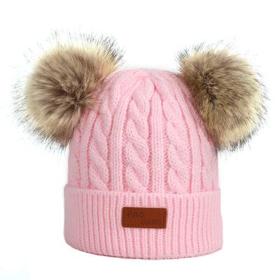 China JOINT Double Faux Fur Pompom Knitted Children Beanie Hat Winter Beanies Hat Girl Boy for sale