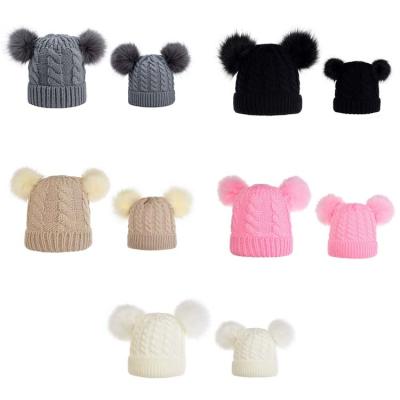 China Amazon Mom and Baby Beanie Mom and Baby Beanie JOINT Double Knitted Cable Knitted Warm Beanie for sale