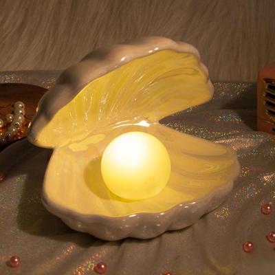 China Fantasy Modern Warm Mermaid Shell Pearl Night Table Light Bedroom Bedside Lamp Decor Fairy Home Drop Shipping One for sale