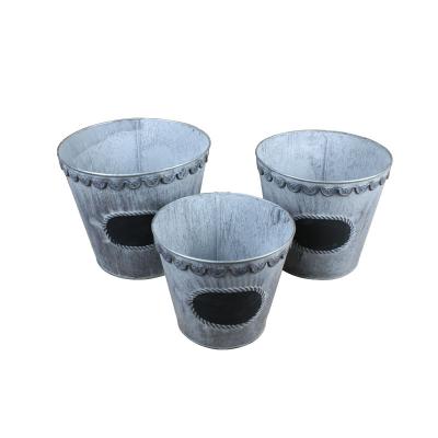 China wholesale flower pot RUSTIC GARDEN GALVANIZED AROUND METAL ZINC CHALK PANEL FLOWER POTS WHOLESALE PLANTERS BUCKET SET OF 3 for sale