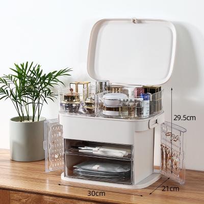 China Sustainable New Designs Dustproof Storage Led Makeup Mirror Organizer Boxed Storage Cosmatic Storage Box for sale