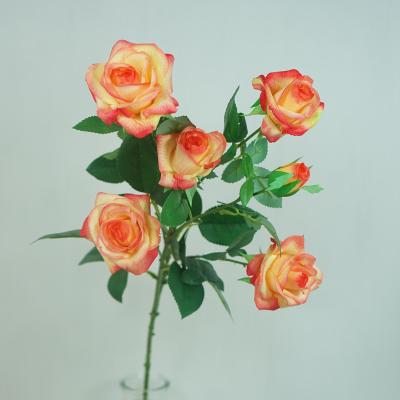 China Touch of New Indor Decoration Branch 5 Artificial Head Real Orange Latex Rose Flowers Wedding Arrangement for sale