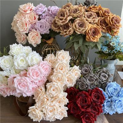 China Wedding Celebration Wholesale 10 Head Fake Head Bouquet Velvet Artificial Flowers White Red Silk Roses For Wedding Decoration for sale