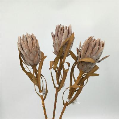 China INS Style Eco-friendly Single Stem Flocking Emperor Flower Protea Cynaroides Artificial Flowers Decoration Dried Flower Arrangement for sale