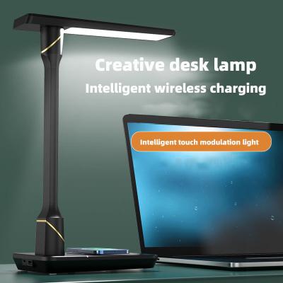 China Modern Control Bedside Study Work Table Reading Light Radio Usb Phone Charging Station With Dimmable Led Desk Wireless Charger for sale