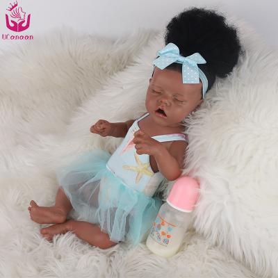 China UCanaan 17 Inch 43Cm Mouth Sleeping Mouth Soft Open Realistic Black Girl Twins Reborn Soft Silicone Doll For Children for sale