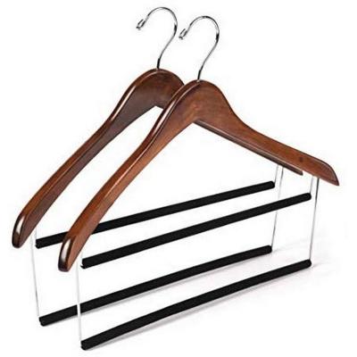 China 2 Sustainable Quality Tow-Tone Wooden Suit Hangers with Velvet Pants Bar Smooth Finish Solid Wood Coat Hanger with 360 Degree Swivel Hook for sale