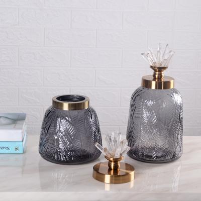 China Contemporary HOME DECORATIVE ACCENTS GLASS POT WITH NATURAL CRYSTAL STONE LID for sale