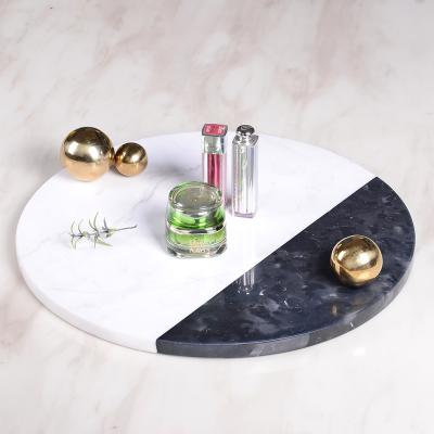 China Minimalist Modern Luxury Decorative Accents 2 Tone Color Natural Marble Decor Home Ornaments Serving Tray With Steel Ball Handles for sale