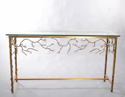 China LUXURY LIVING ROOM FURNITURE MODERN BRASS CONSOLE TABLE stable WITH GLASS TOP for sale