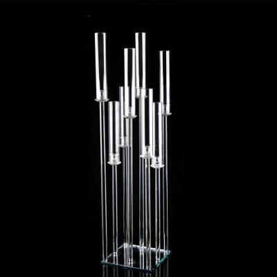 China Durable 8 Heads European Style Single Rod Candlestick Table Centerpiece Acrylic Candle Holder For Party Event Wedding Decoration for sale