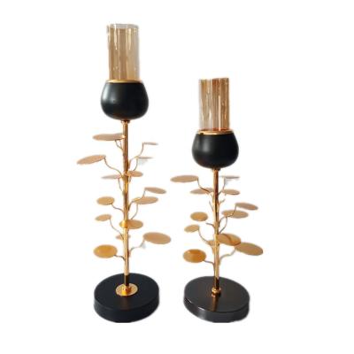 China Durable Golden Tree With Black Base Fashional Wedding Candle Holder With Glass Shade for sale