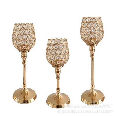 China Gold Handmade Luxury Crystal Candle Holder Metal Party Candlestick Centerpieces Decorative Stands Wedding Decoration for sale