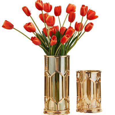 China Durable Golden Morden Metal Vase Decoration With Glass For Home Decoration for sale