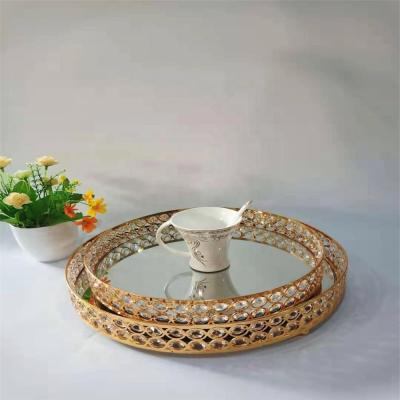 China Durable Party Arabic Dessert Trays Decorative Silver Mirrored Gold Mirror Snack Tea Cups Metal Coffee Serving Tray With Crystal for sale