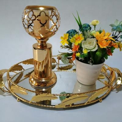 China Durable Arabic Round Gold Plated Serving Tray Metal Tray Mirror Home Decor Cake Tea Cup Holder Decorative Trays For Coffee Table for sale