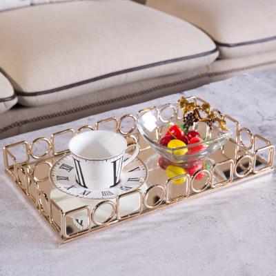 China Durable Custom Decorative Rectangular Party Vanity Tray Mini Mirror Snack White Metal Serving Tray Cake Stand Gold Plated Tray for sale