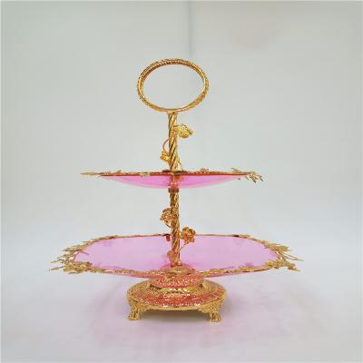 China OEM Factory 2 Tier Square Tempered Glass Candy Dish Decorative Pink Fruit Bowl For Ramadan Decorations for sale