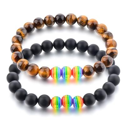 China FASHIONABLE Gay Bracelet Men LGBT Pride Peace Stone Rainbow Beaded Women Women Couple Jewelry Gift Black for sale