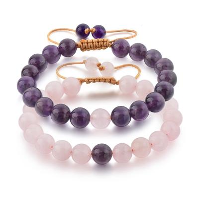 China Trendy Natural Amethyst Amethyst Fashion Pink Stone Rose Quartz Bracelet Hot Amazon Style Couple Bracelet For Women for sale