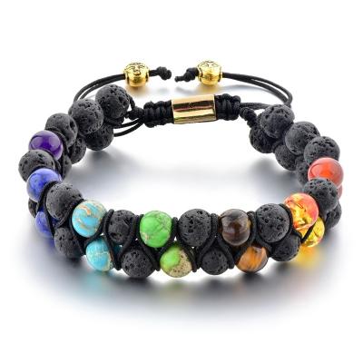 China 7 Chakra Lava Stone Woven Oil Diffuser Buddha Charm Double Layer Adjustable Bracelet Trendy Men Bracelet for sale