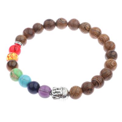 China 2021 FASHIONABLE Wooden Natural Wooden Charm Elephant Buddha Bead Healing Bracelet 7 Chakra Bracelet Wooden Bracelet for sale