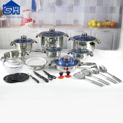 China Jiangmen 28pcs Workable Wide Edge Stainless Steel Cookware Set Stainless Steel Pot Cookware Set Blue Cover for sale