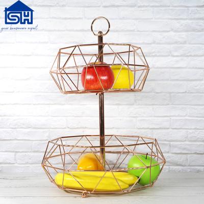 China Sustainable Iron Wire 2 Tier Cupcake Pastry Fruit Basket Wire Fruit Basket Wedding Decorative for sale