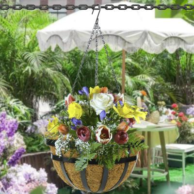 China Europe Coconut Fiber Basket Pan Flower Round Dish Hanging Flower Tray Wall Hanging Flower Basket for sale