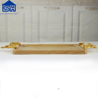 China Arabic Gold Dish Iron Grid With Wooden Dessert Serving Tray Metal Food Can Tray for sale