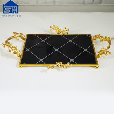 China Dish Iron Arabic Gold Grid With Mirror Dessert Serving Tray Metal Food Can Tray for sale