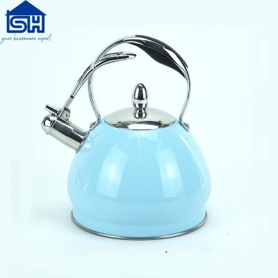 China Viable Blue Body 2.6L Handle Stainless Steel Whistling Kettle Tea Kettle Wooden Water Kettle for sale