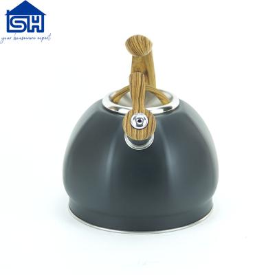 China Black Body Handle Stainless Steel Whistling Kettle Tea Kettle Sustainable Wooden Water Kettle for sale