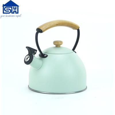 China Viable Blue Body 2.6L Handle Stainless Steel Whistling Kettle Tea Kettle Wooden Water Kettle for sale