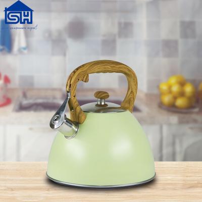 China Viable Blue Body 2.6L Handle Stainless Steel Whistling Kettle Tea Kettle Wooden Water Kettle for sale