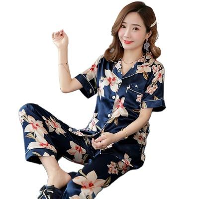 China 2021 QUICK DRY short sleeve + pants printed silk nightgown satin pajamas short sleeve floral women's pajamas pajamas plus size for sale