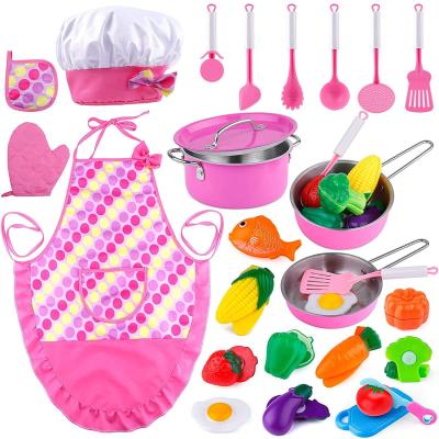 China DIY Cooking Children's Chef Role Playing Kitchen Toys with Pots and Pans Chef Hat Apron Set Vegetable Cutting Learning Toy Set for sale