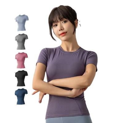 China Breathable Wholesale Yoga Workout Seamless Shirts For Women Oversized Short Sleeve Plain Stitches Quick Dry Gym Tops Fitness Crop Sport Tops for sale