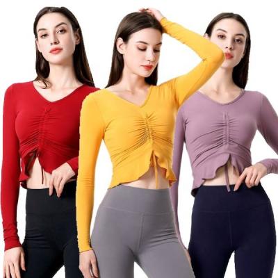 China High Quality Breathable Gym Wear Workout Sports T-Shirts Women Long Sleeve Ruffled Slim Drawstring Yoga Tops for sale