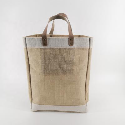 China 100% Eco-Friendly Custom Printed Leathers Handle Reusable Eco Organic Burlap Market Grocery Bags Tote Jute Bag for sale