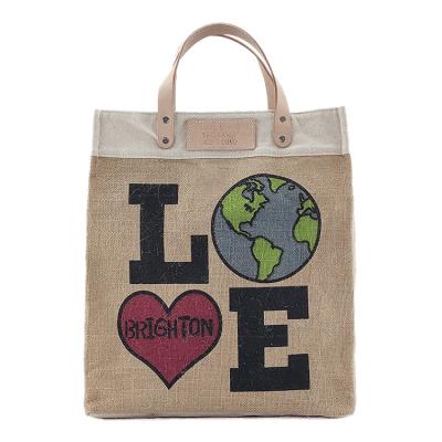 China 100% beautiful and exquisite eco-friendly custom printed small couple of patterns as LOVE jute portable bag breathability ladies good jute bag for sale