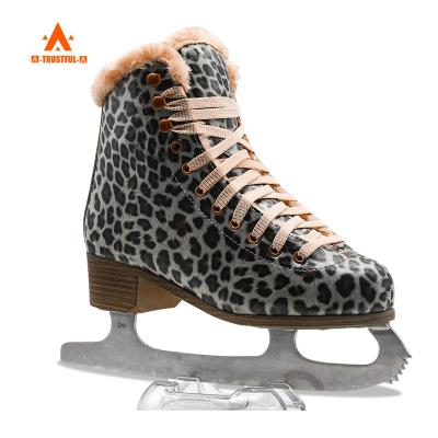 China High Quality Cold Resistant Rental Leopard Print Fixed Size Ice Skate Shoes Ice Skates For Outdoor Ice Rink for sale