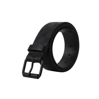 China ALLOY Embossed Grid Black PU Roller Buckle Belt Men Leisure for sale