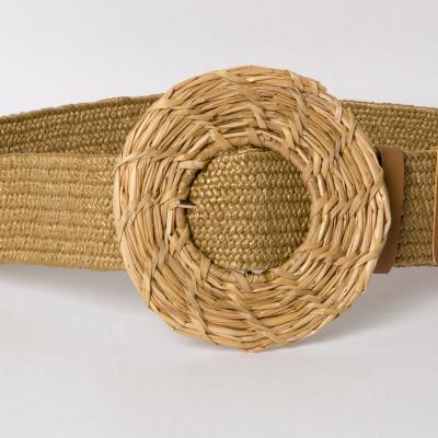 China Polyester / Cotton Women Braided Belts For Dresses Elastic Straw Rattan Waist Band With Wooden Round And Square Buckle for sale