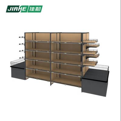 China New design double sided iron and wooden shelf supermarket gondola shelving display stand for supermarket for sale