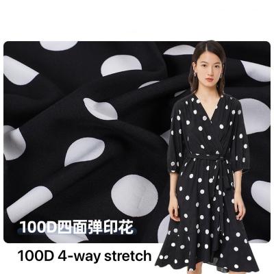 China Shrink-Resistant 135gsm 4 Ways Stretch Little Dot Printing Fabric Woven Polyester Summer Dress Fabric for sale