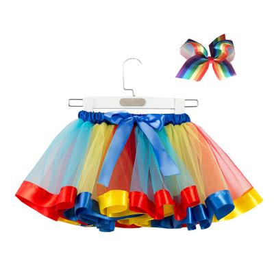 China Hot Multicolor Anti-wrinkle Rainbow Ribbon Bow TUTU Skirt Kids Girl Princess Dance Tulle Skirts for sale