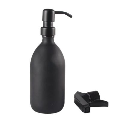 China Personal Care 500Ml Round Bath Lotion Bottle Black Glass Soap Dispenser With Stainless Steel Lotion Pump for sale